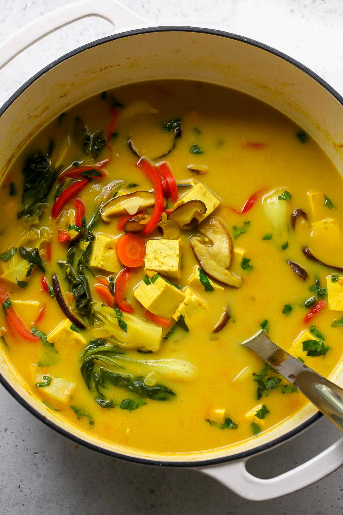 A large pot of Thai vegetable soup after being simmered. Soup ladle resting on the right side.