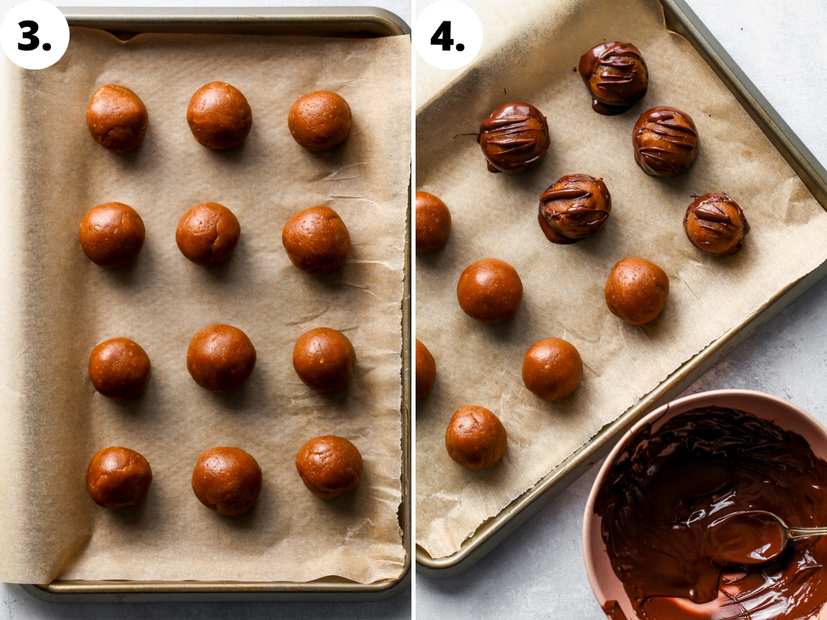 Dough being rolled into balls, placed on parchment paper, and dipped into melted chocolate.