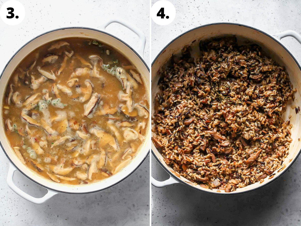 Broth, thyme, and mustard being added to pan, and rice simmering until tender.