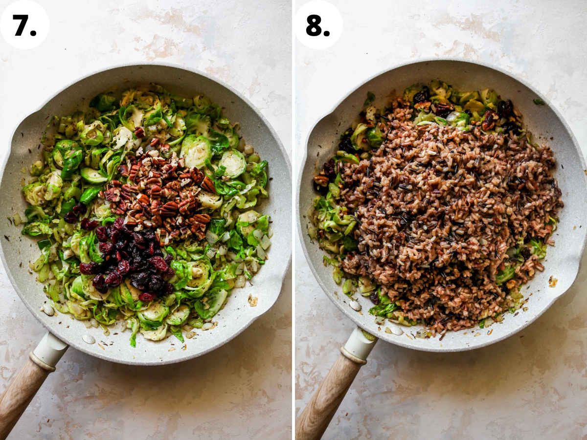 Wild rice being added to skillet with vegetables.