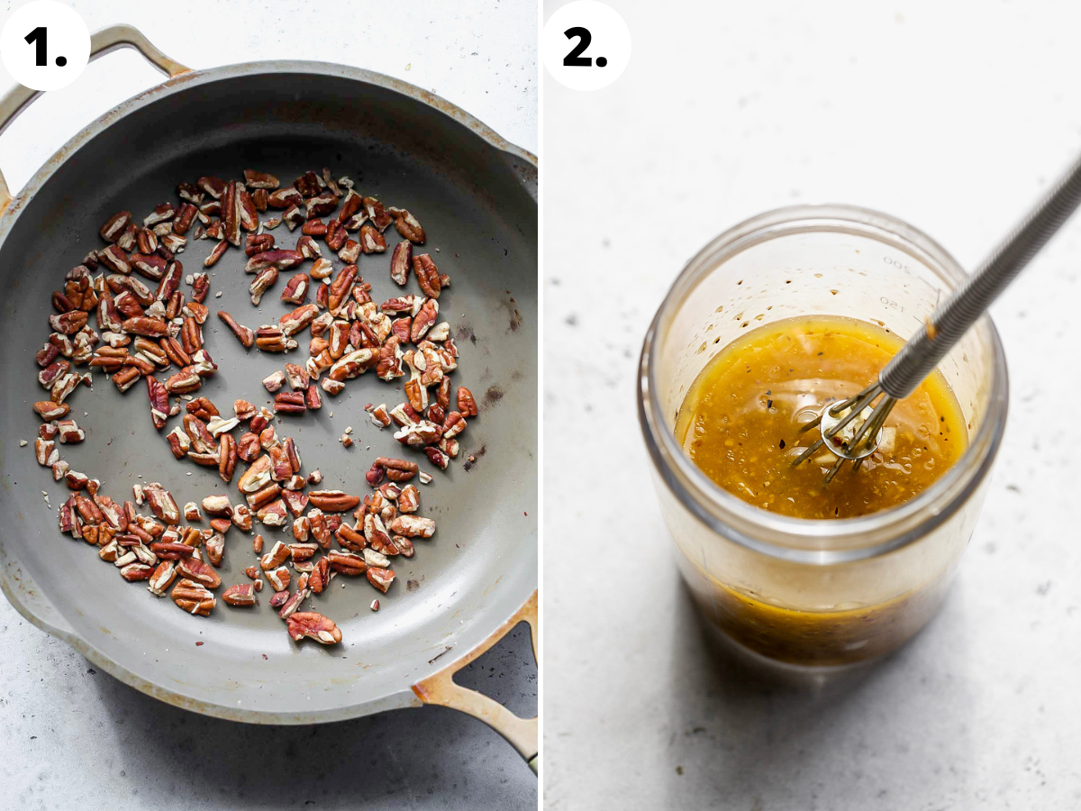Pecans being toasted in a skillet, and dressing being whisked in a glass jar.