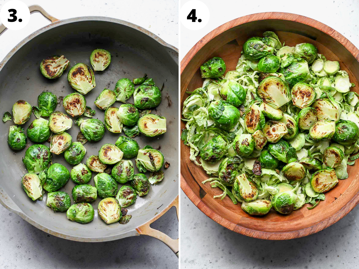 Brussels sprouts being shredded and sautéed, and then combined in a large wooden bowl.