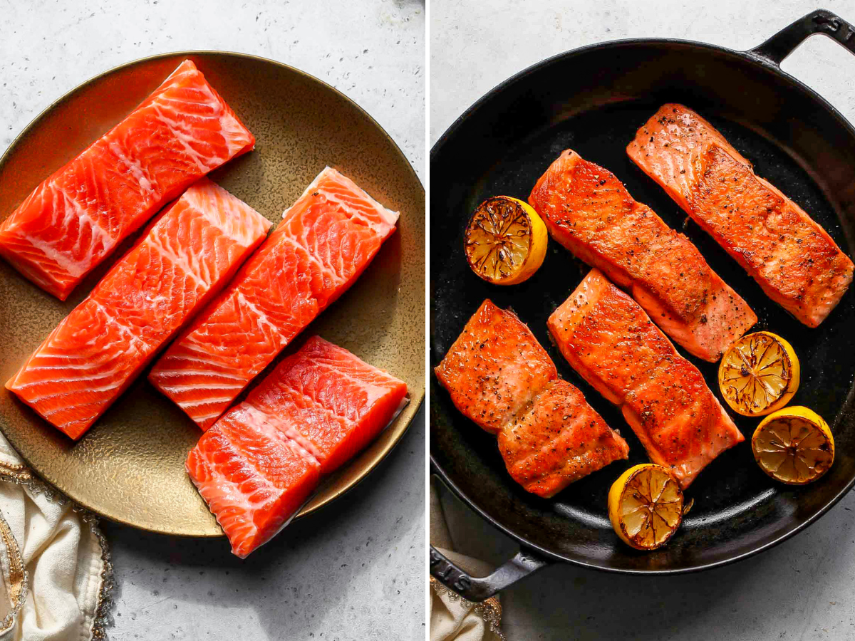 Steelhead trout fillets being seasoned and seared in a cast iron skillet.
