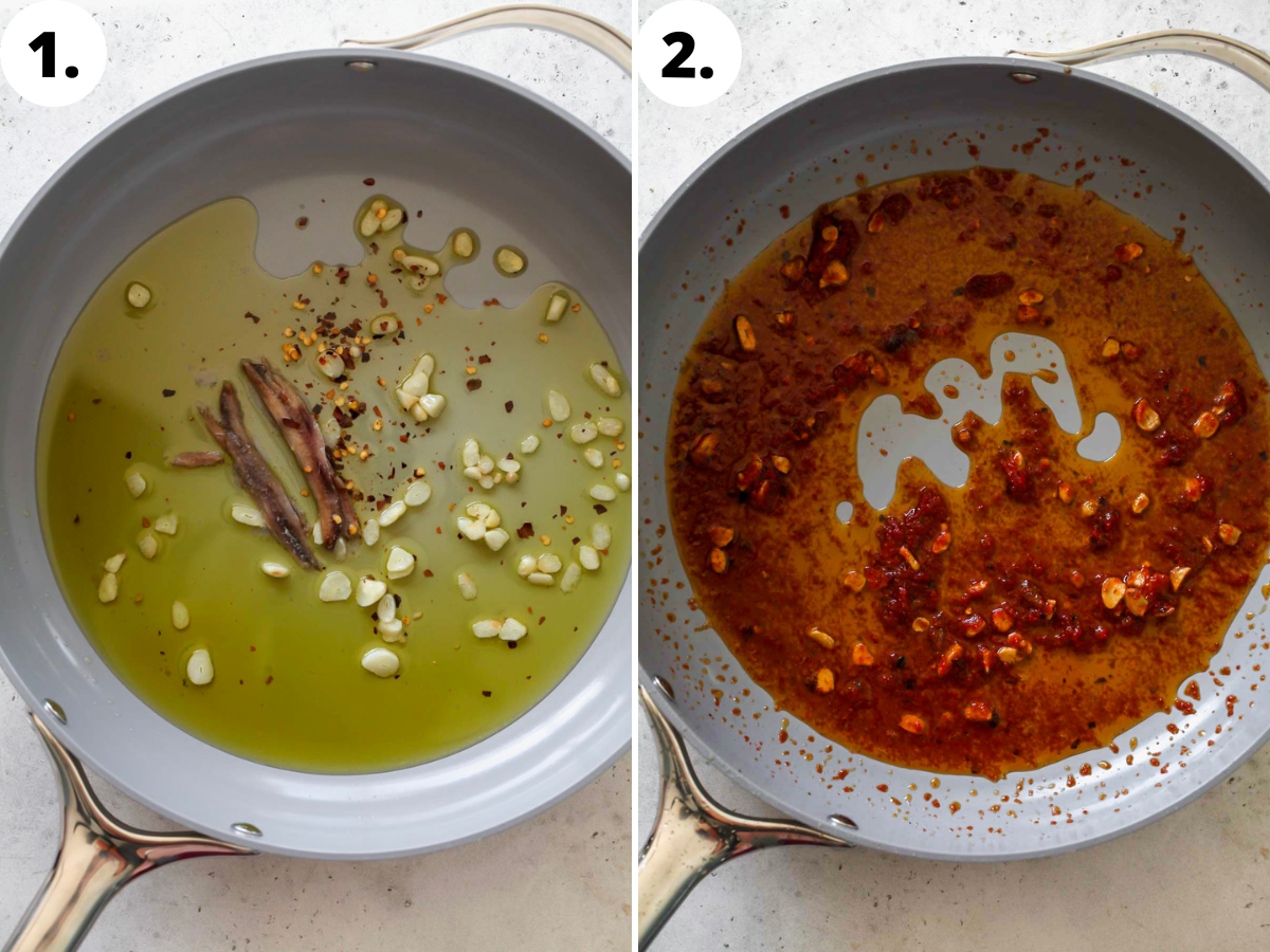 Garlic, anchovies, and tomato paste being cooked in a gray skillet.