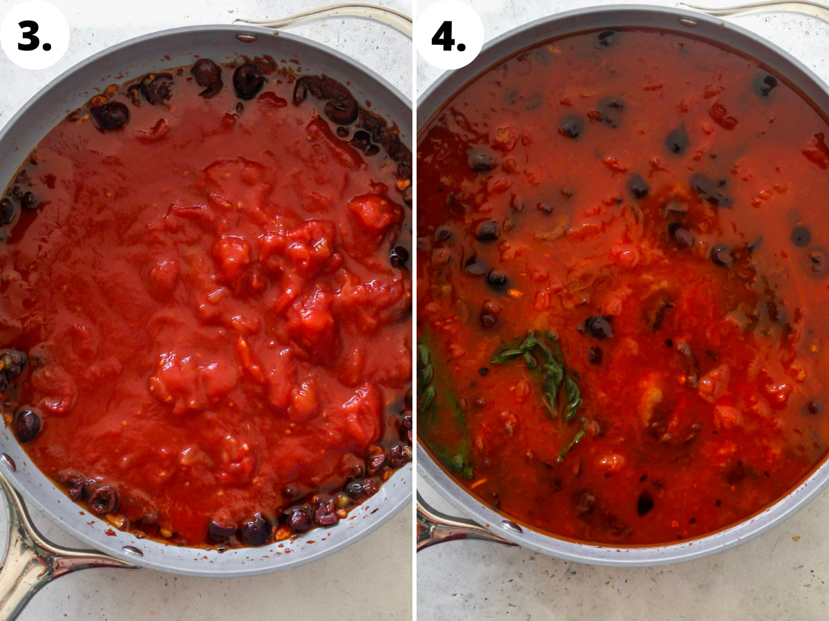 Olives, capers, basil, and crushed tomatoes being added to skillet.