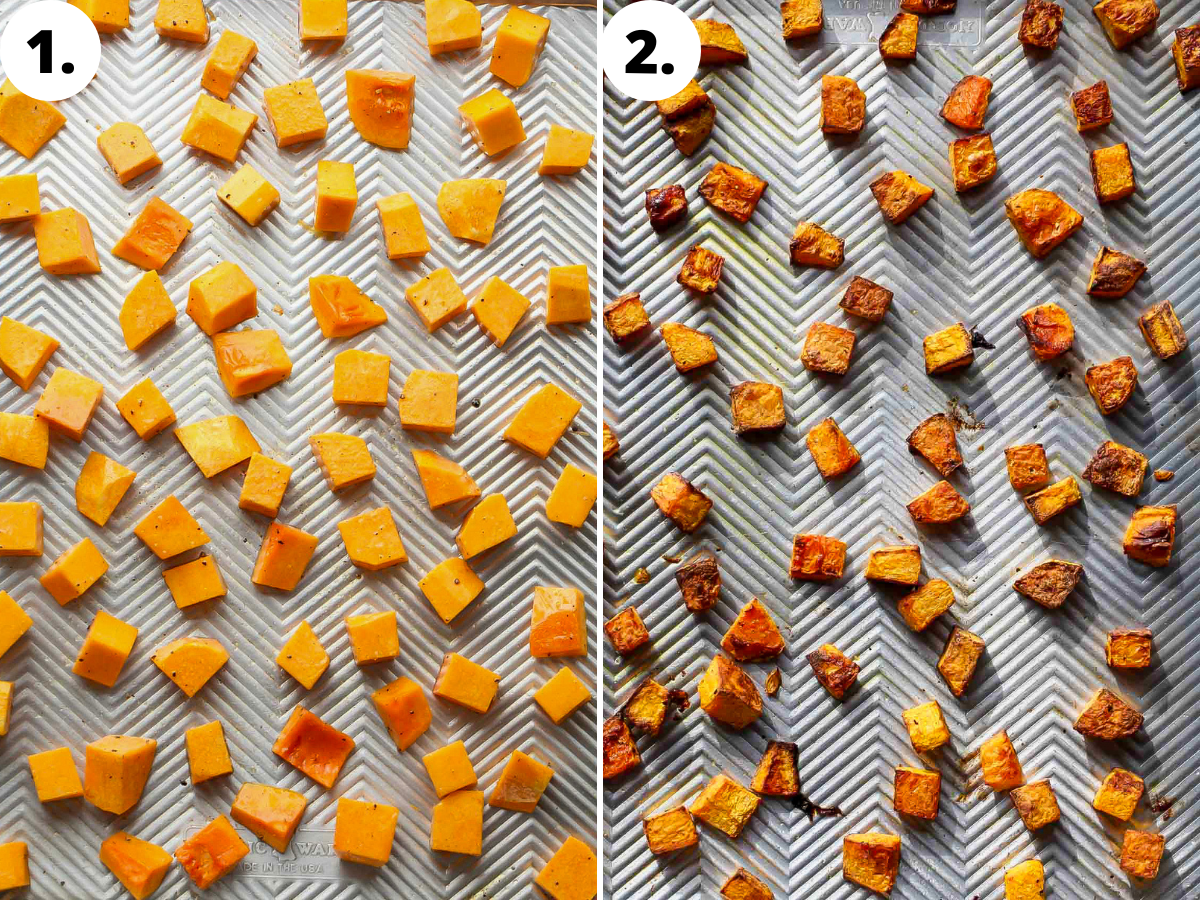 Cubes of butternut squash being roasted on a baking sheet.