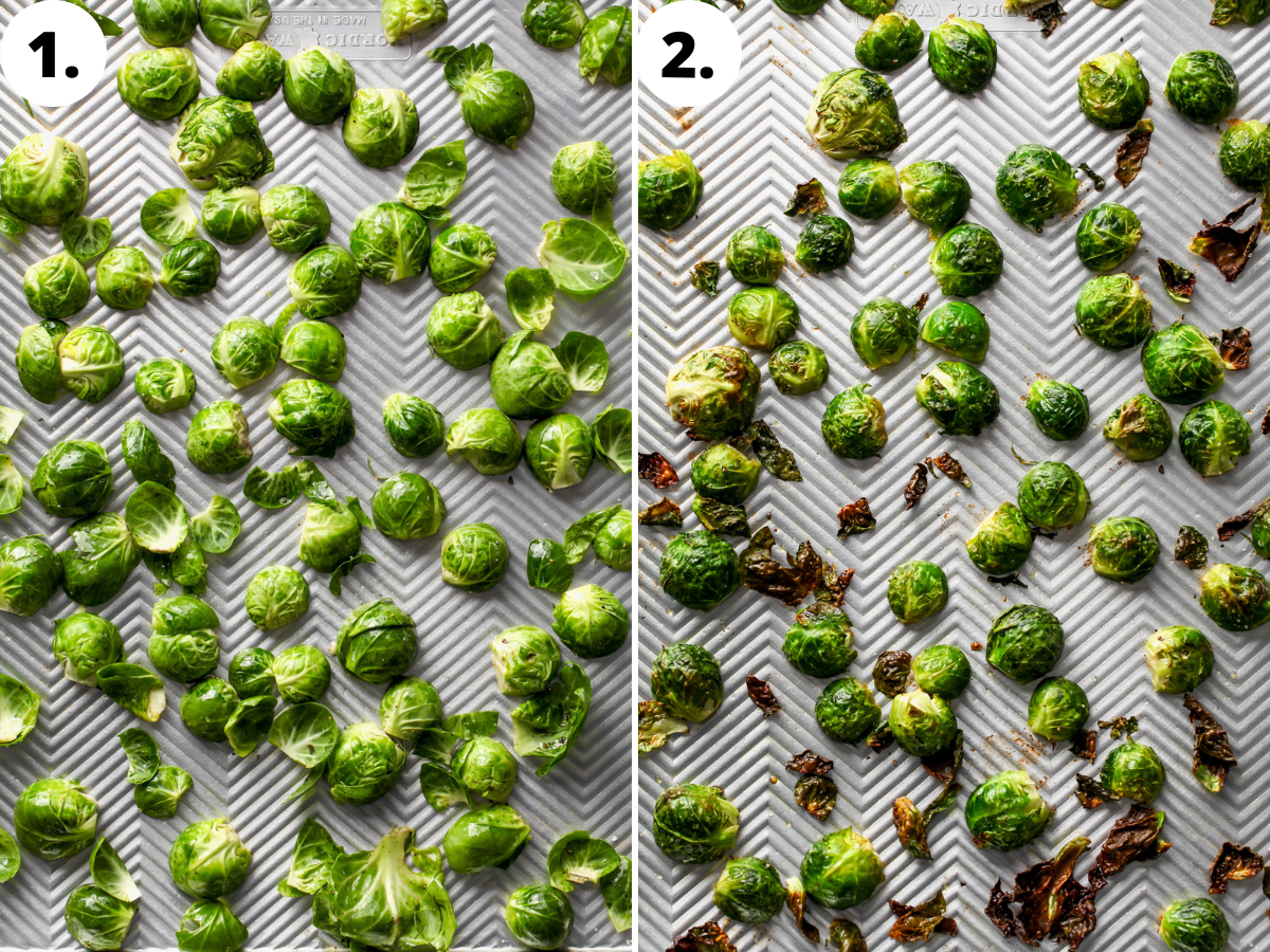 Halved Brussels sprouts being roasted on a large rimmed baking sheet.