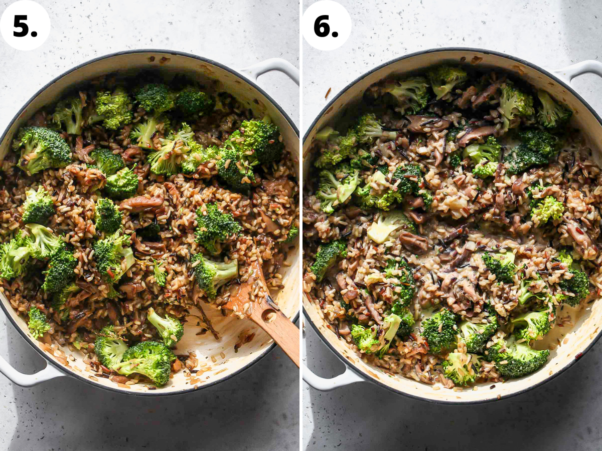 Broccoli, milk, and Parmesan being mixed into pan with rice mixture.