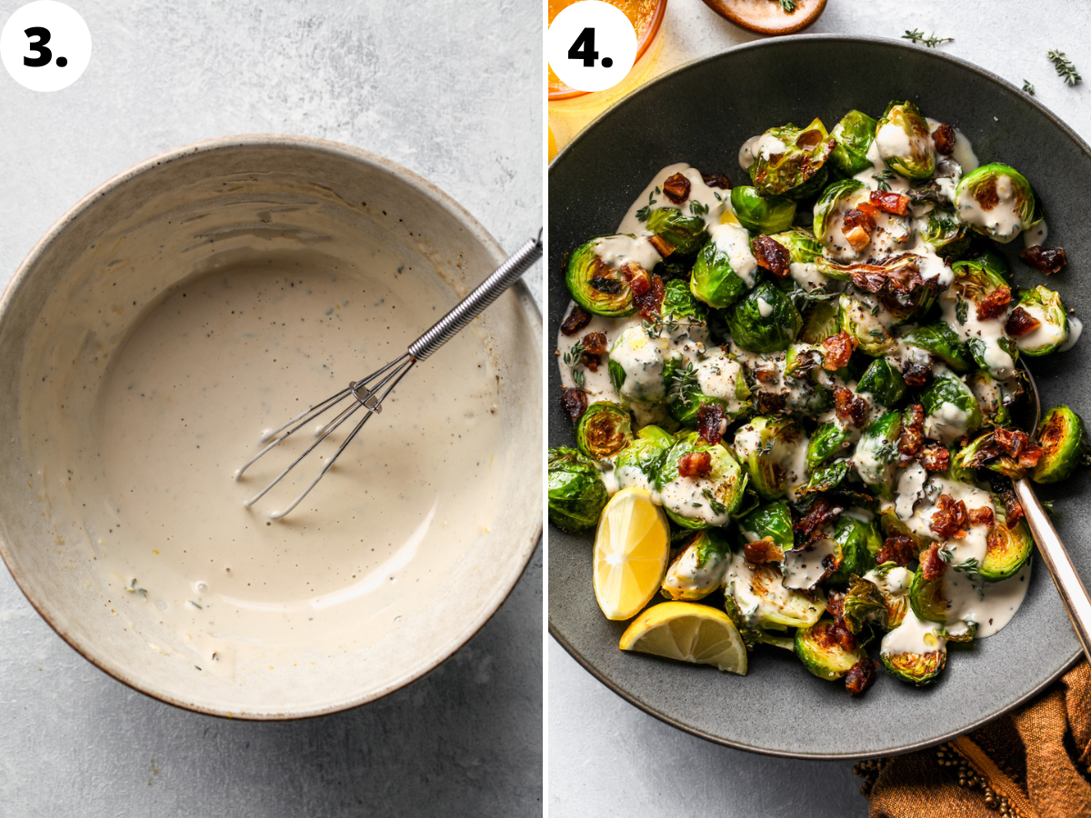 Tahini sauce being mixed in a bowl and poured over sprouts.