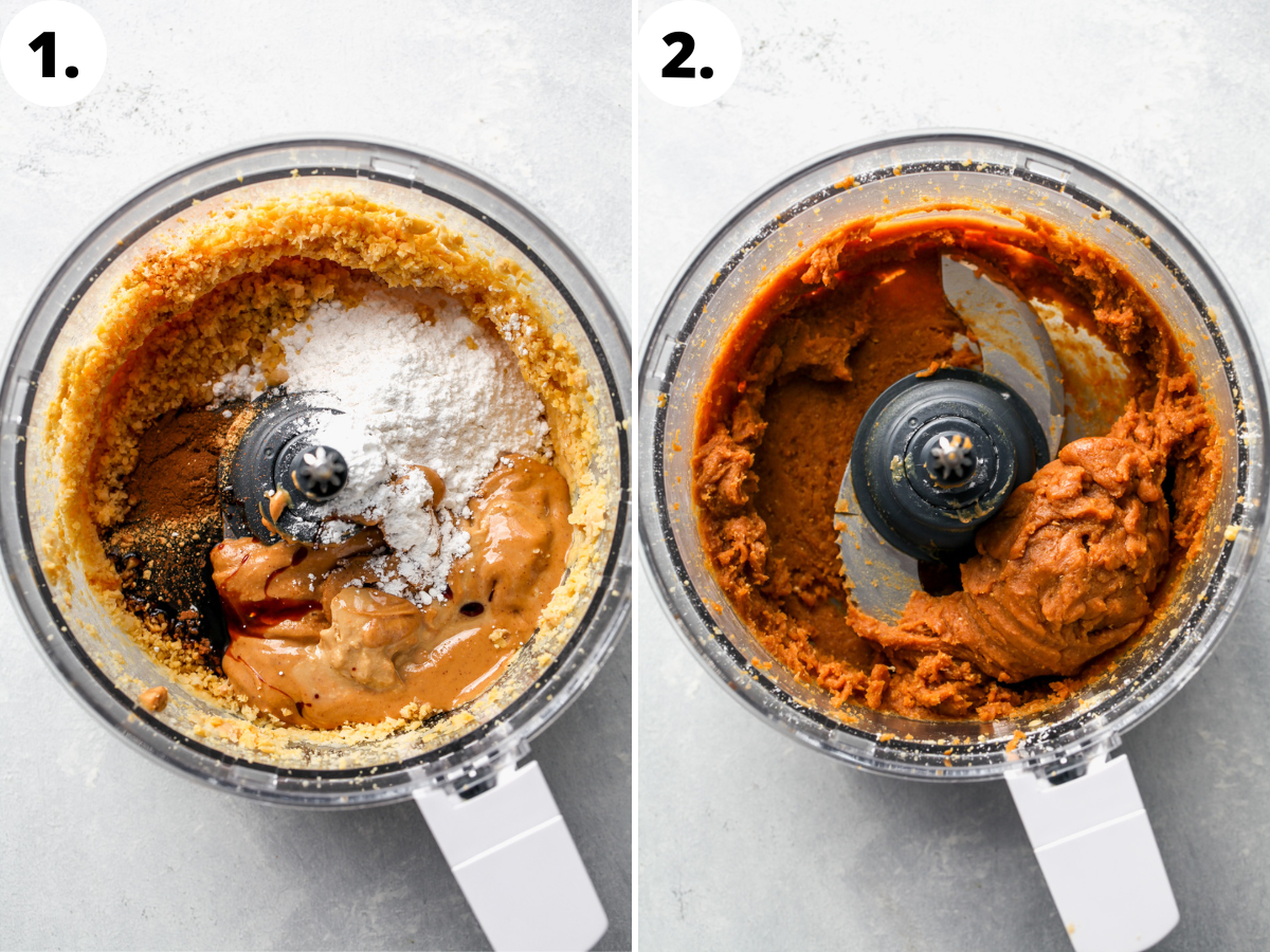 Chickpeas, peanut butter, sugar, molasses, and spices being blended until smooth in a food processor.