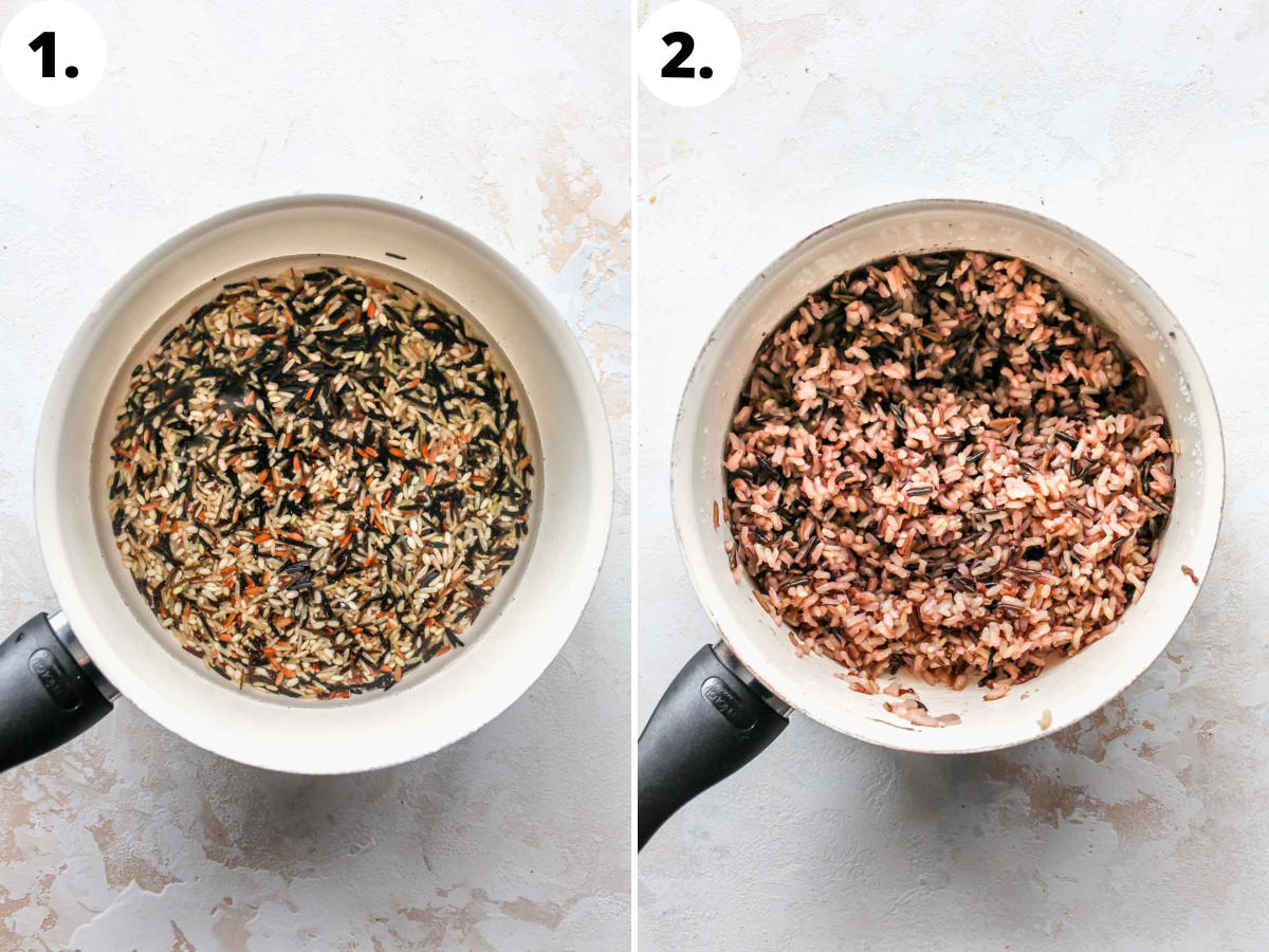 Wild rice being cooked in a skillet until tender.