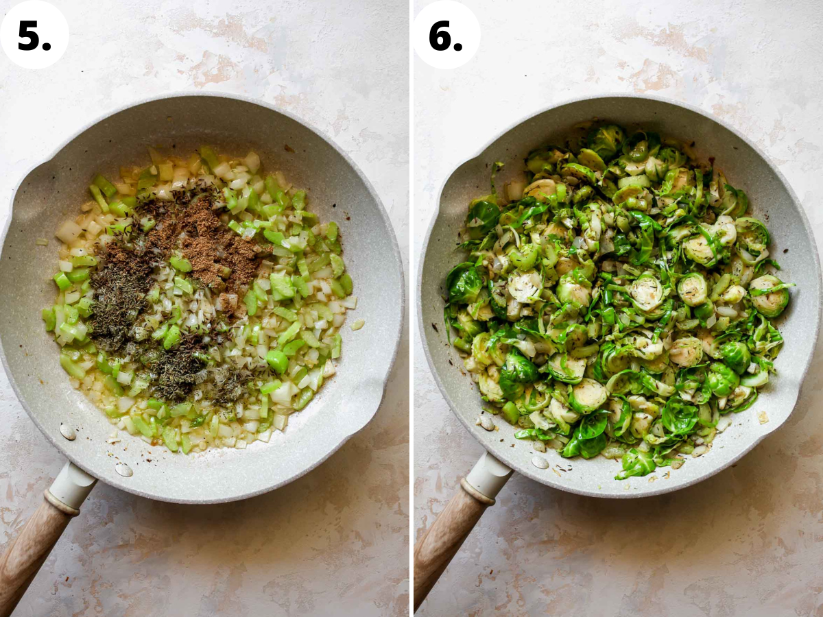 Brussels Sprouts and spices being added to skillet and cooked until soft.