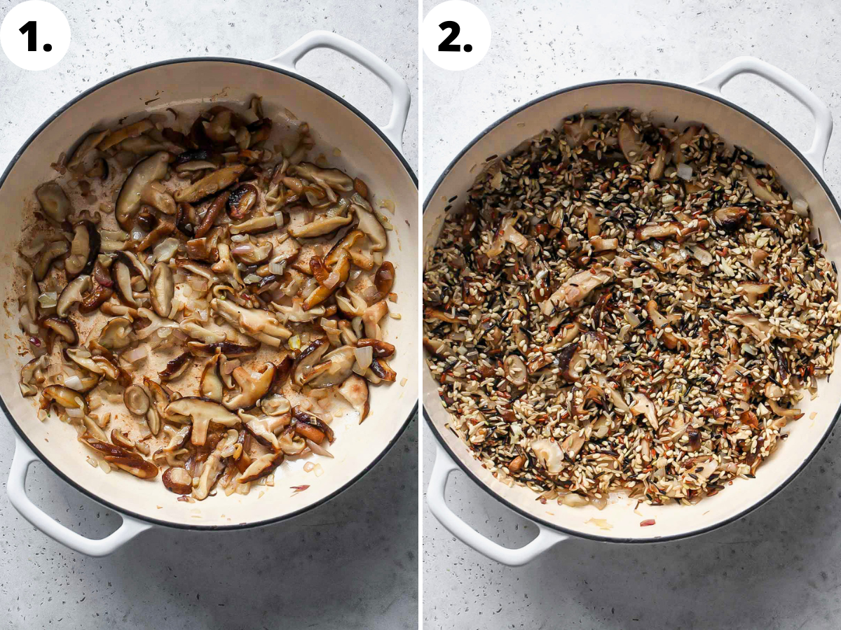 Mushrooms and onion being sautéed in a skillet, and wild rice being stirred in.