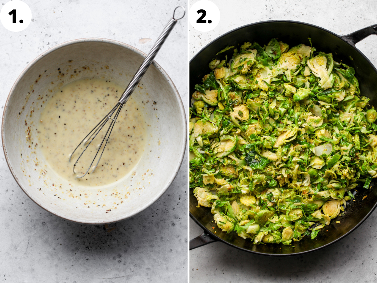 Dressing being whisked in a bowl, and Brussels being sautéed in a cast iron skillet.