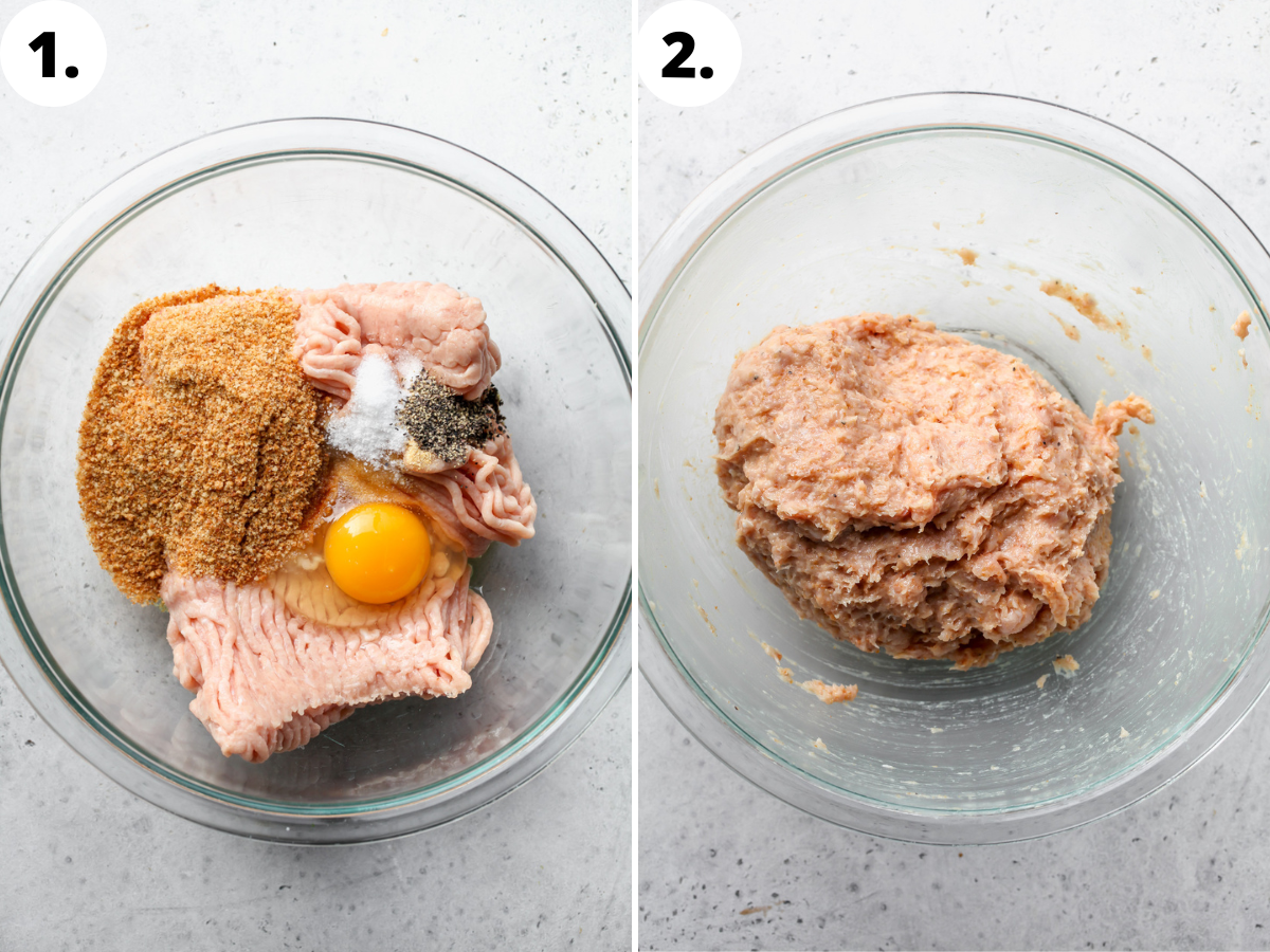 Ground chicken, egg, panko, and spices being mixed in a bowl.