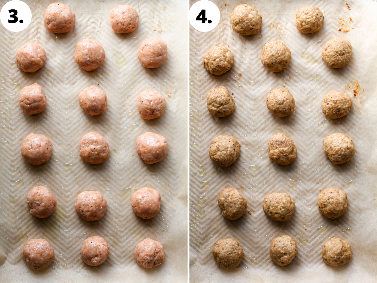 Chicken meatballs arranged on a baking sheet and baked until golden.