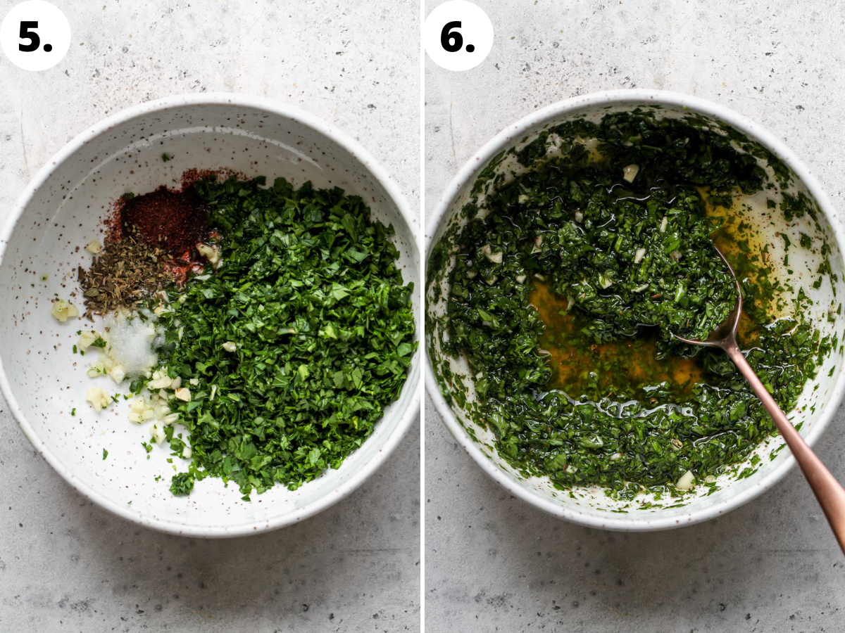 Chimichurri ingredients added to a white bowl and mixed with olive oil.