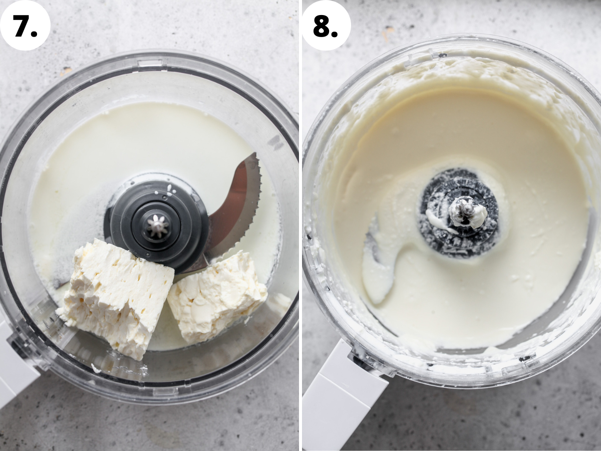 Feta, milk, and lemon juice being whipped until smooth in a food processor.