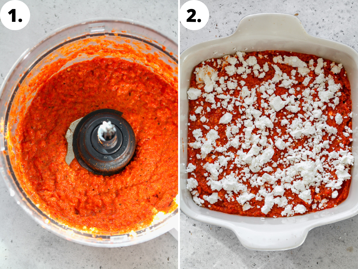 Roasted red pepper mixture being blended in a food processor, and layered in a baking dish with feta.
