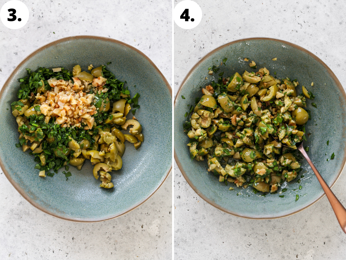 Olives, parsley, walnuts, and olive oil being mixed in a blue bowl.