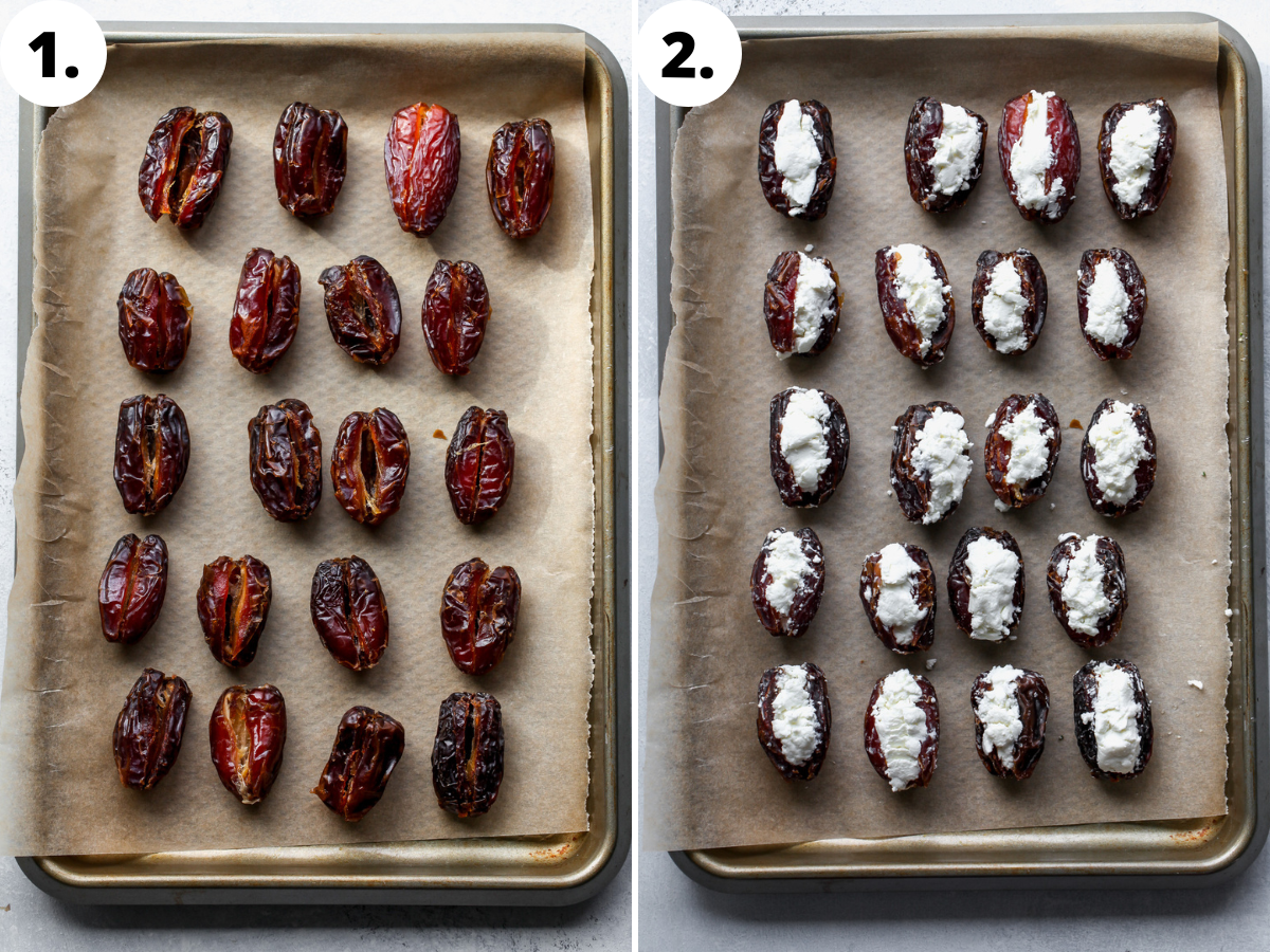 Medjool dates being sliced in half and stuffed with goat cheese.
