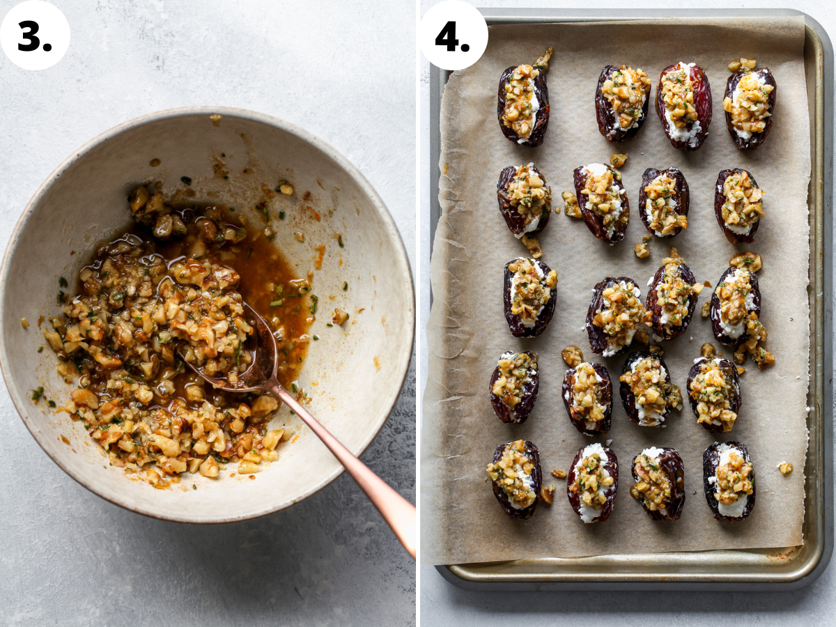 Walnut-rosemary mixture being mixed in a white bowl and spooned over dates on a baking sheet.