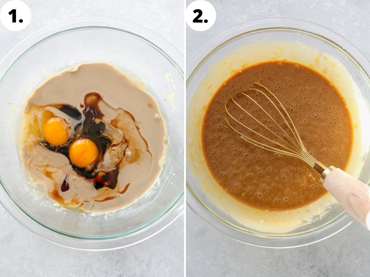 Tahini, maple syrup, molasses, eggs, oil, and vanilla being whisked together in a clear bowl.