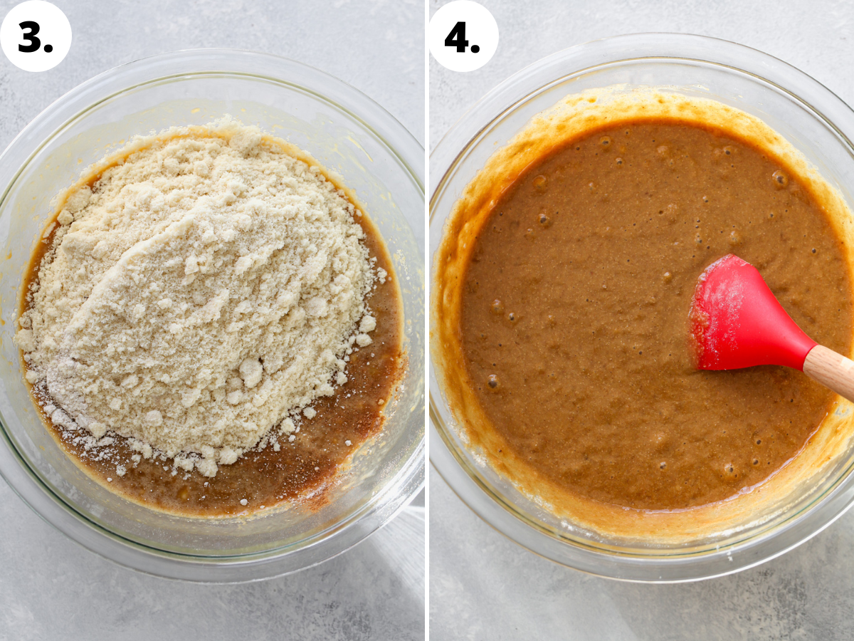 Almond flour, oat flour, leavening agents, and spices being added to the bowl of wet ingredients.