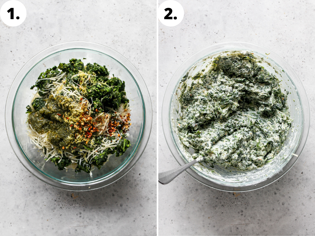 Spinach, ricotta, Parmesan, pesto, lemon, and chili flakes being mixed in a clear mixing bowl.