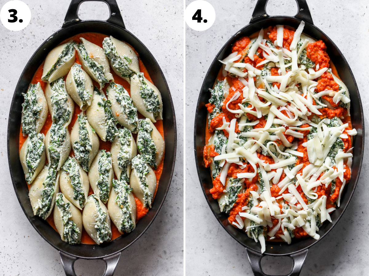 Jumbo shells being stuffed with ricotta mixture and arranged in a pan filled with vodka sauce.