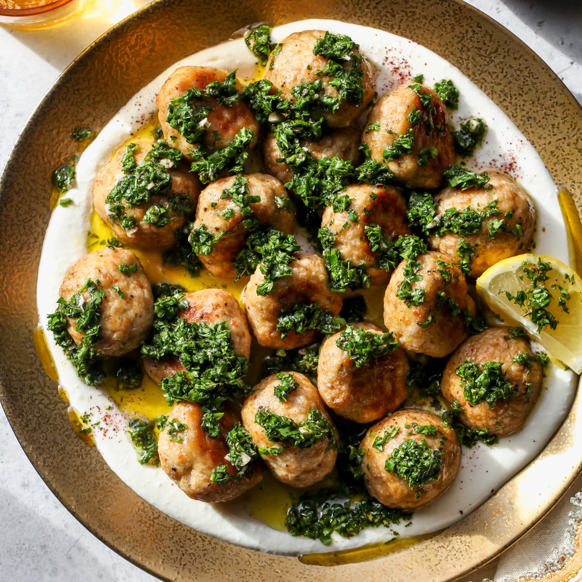 Chimichurri Chicken Meatballs with Feta Cream