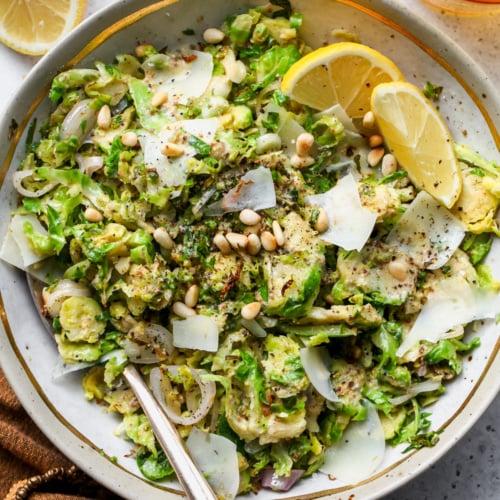 10 Minute Warm Brussels Salad with Whole-Grain Mustard Dressing