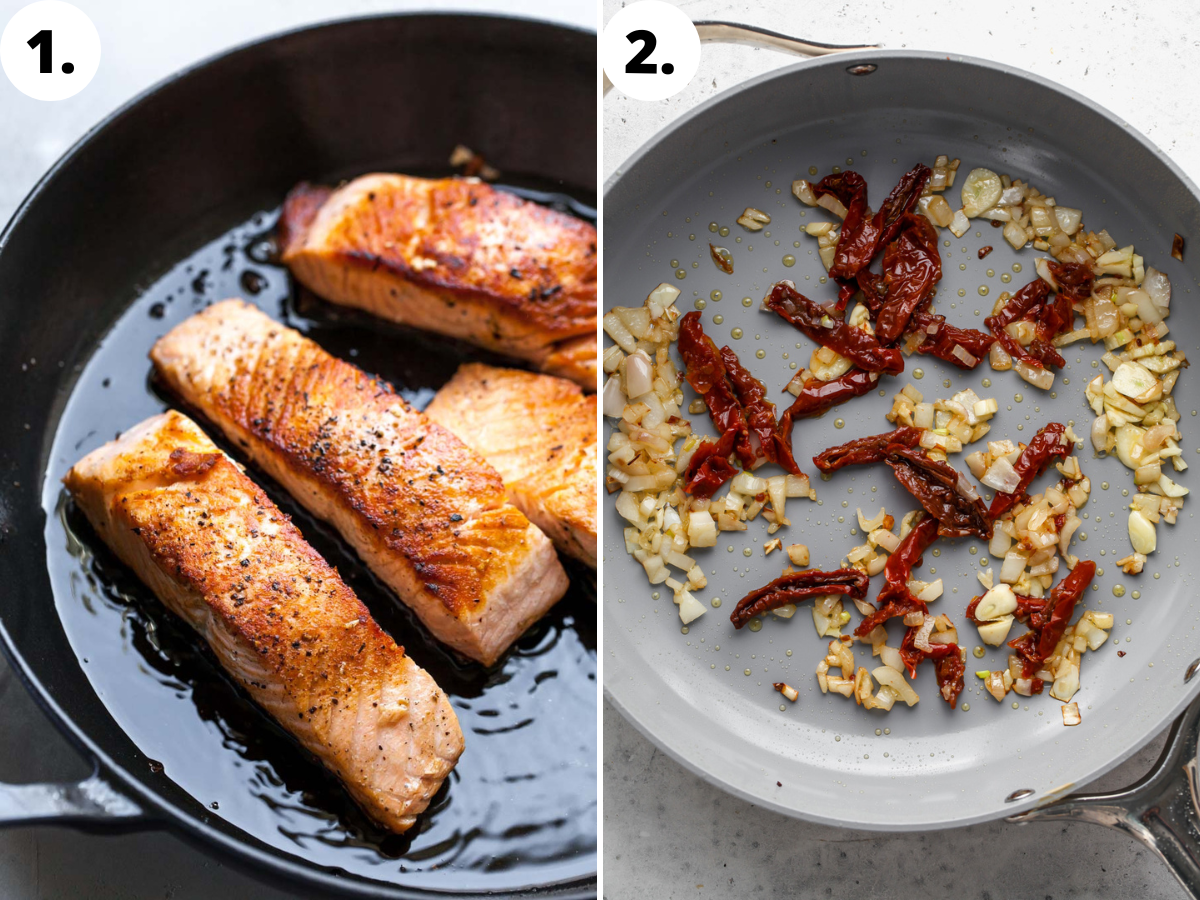 Salmon fillets cooking in a skillet, followed by shallots, sun-dried tomatoes, and garlic.