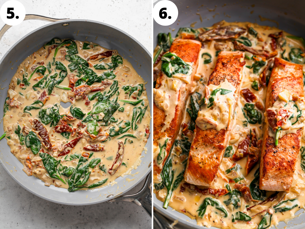Spinach and salmon fillets being added back to the pan, and nestled in the sauce.