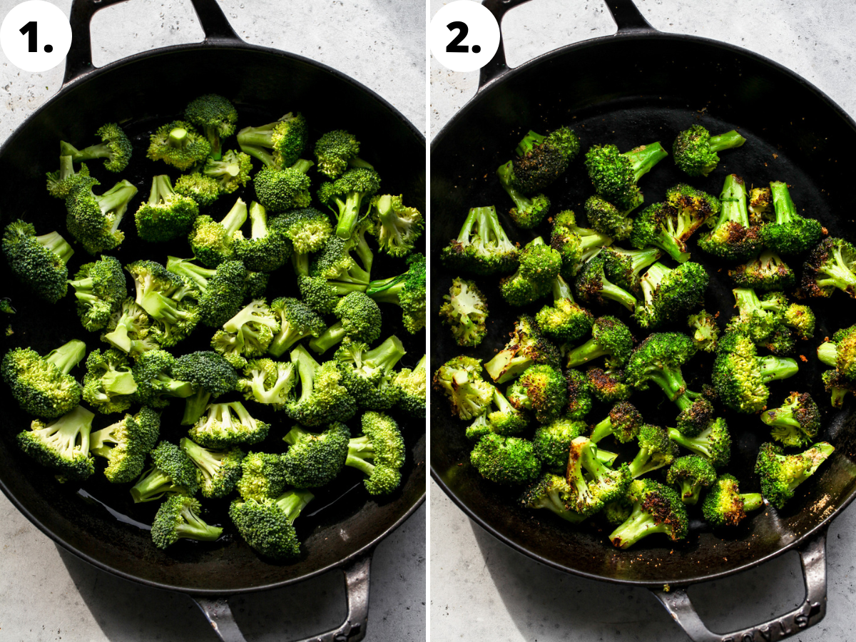 Step-by-step images showing broccoli florets being sautéed in a black cast iron skillet.