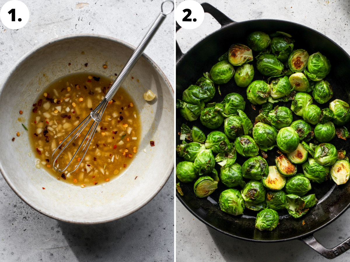 Maple-mustard glaze being mixed in a bowl, and Brussels sprouts being sautéed in a skillet.