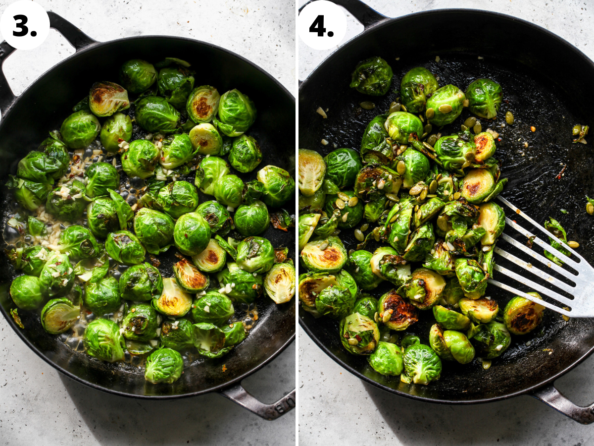 Maple-mustard glaze being poured over sprouts in a cast iron skillet.