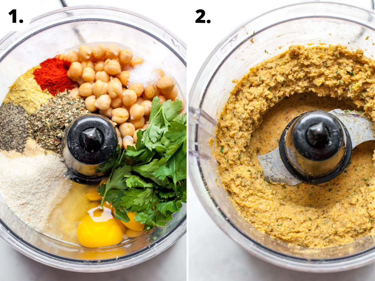 All ingredients being added and blended in a food processor until mostly smooth.