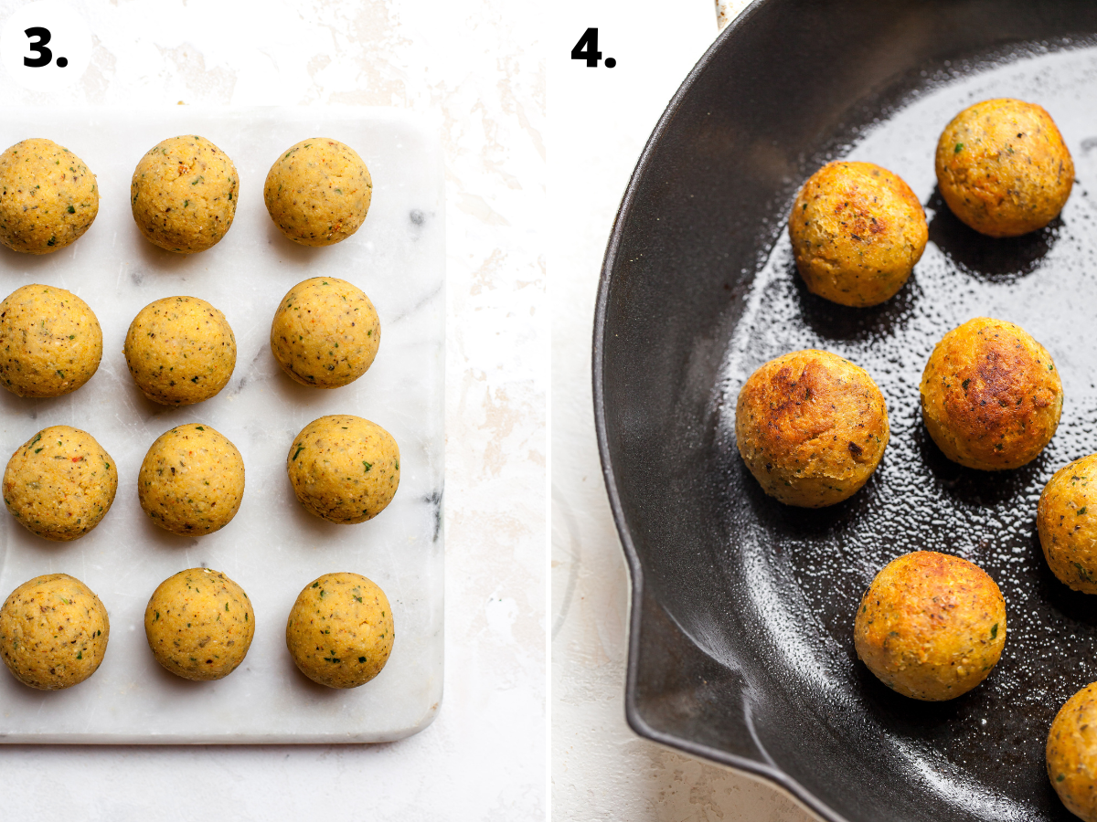 Mixture being rolled into balls and sautéed in a black pan until golden and crisp.