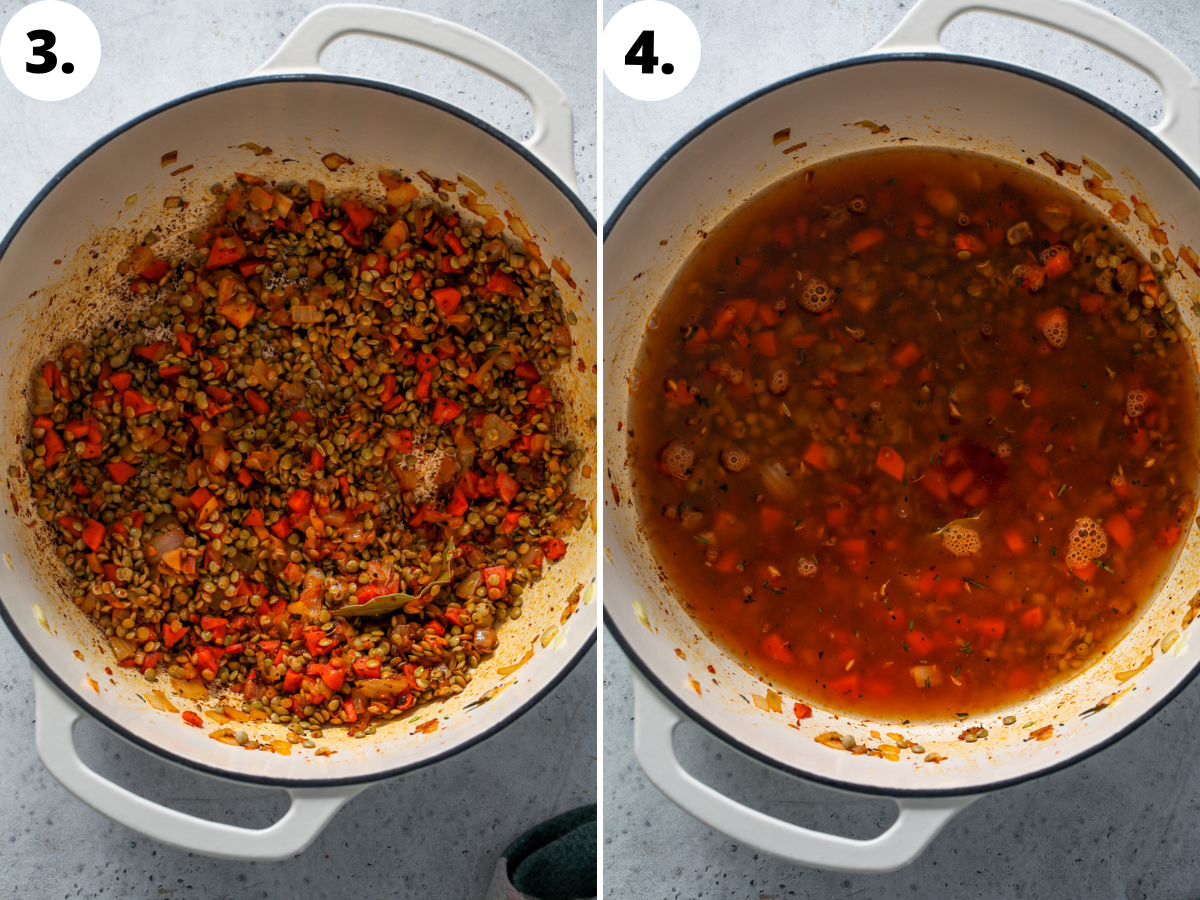 Lentils, broth, and water being added to the pot.