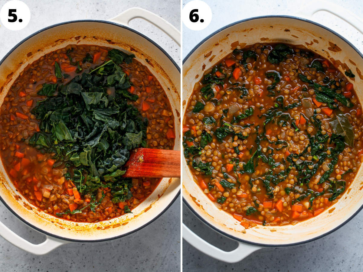 Kale and Parmesan being mixed into soup at the end of cooking.