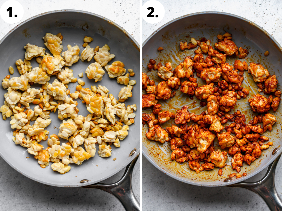 Crumbled tempeh being cooked until golden, and tossed in spice mixture in a skillet.