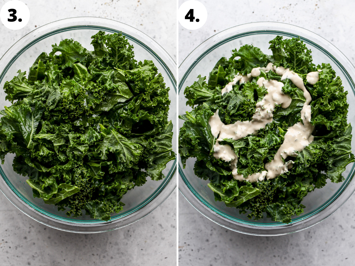 Kale being massaged until soft and tossed in Caesar dressing in a clear glass mixing bowl.