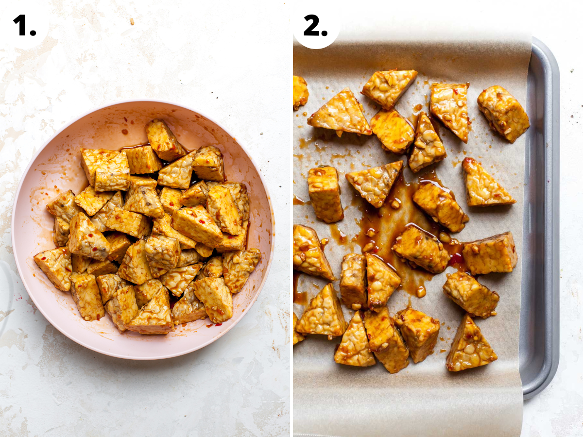 Tempeh being marinated in a pink bowl, and then spread on a rimmed baking sheet.