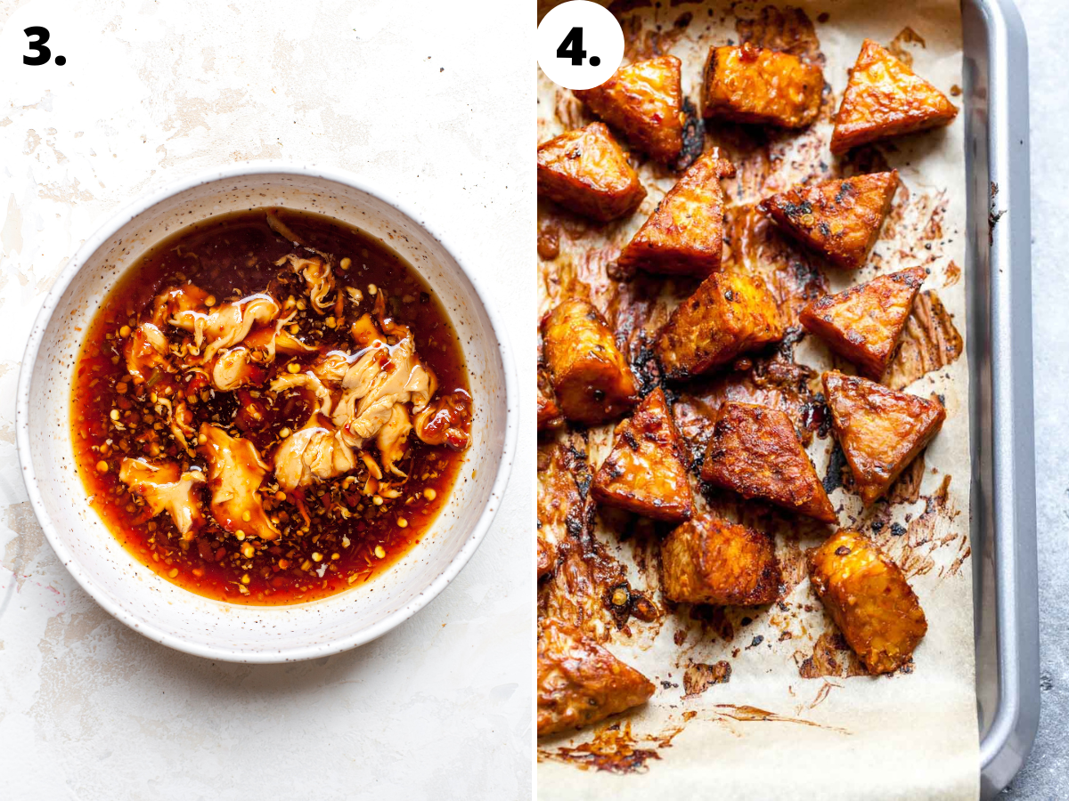 Peanut sauce being mixed in a white bowl, and brushed over cubes of tempeh on a baking sheet.
