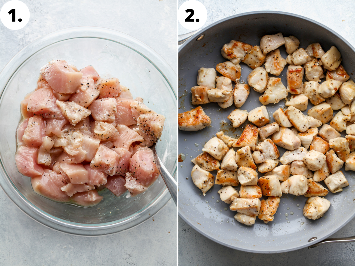 Chicken pieces being coated in corn starch and spices, and sautéed until golden in a large skillet.