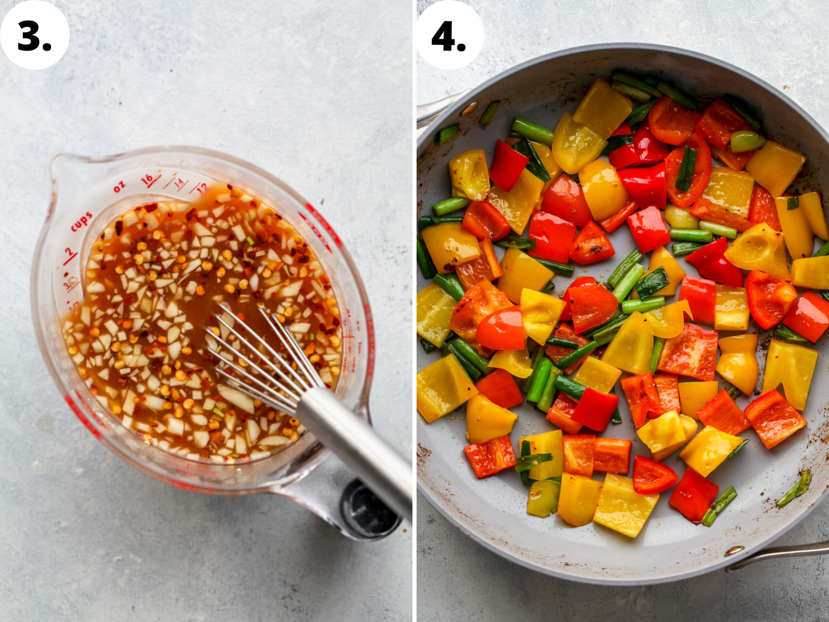Sauce being mixed in a large liquid measuring cup, and peppers and onion being sautéed in a large skillet.
