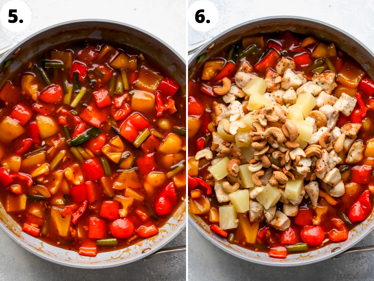 Sauce being poured into skillet with veggies, and chicken, pineapple, and cashews being mixed in.