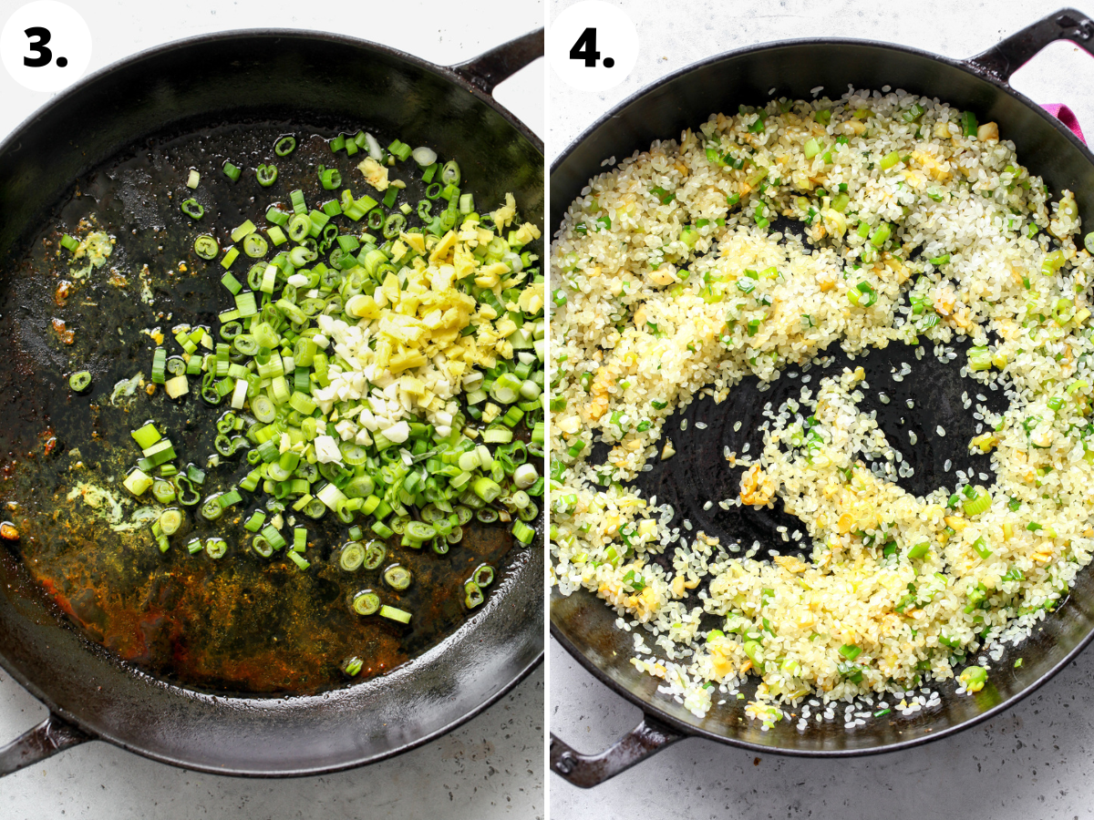 Aromatics and rice being added to skillet and sautéed.
