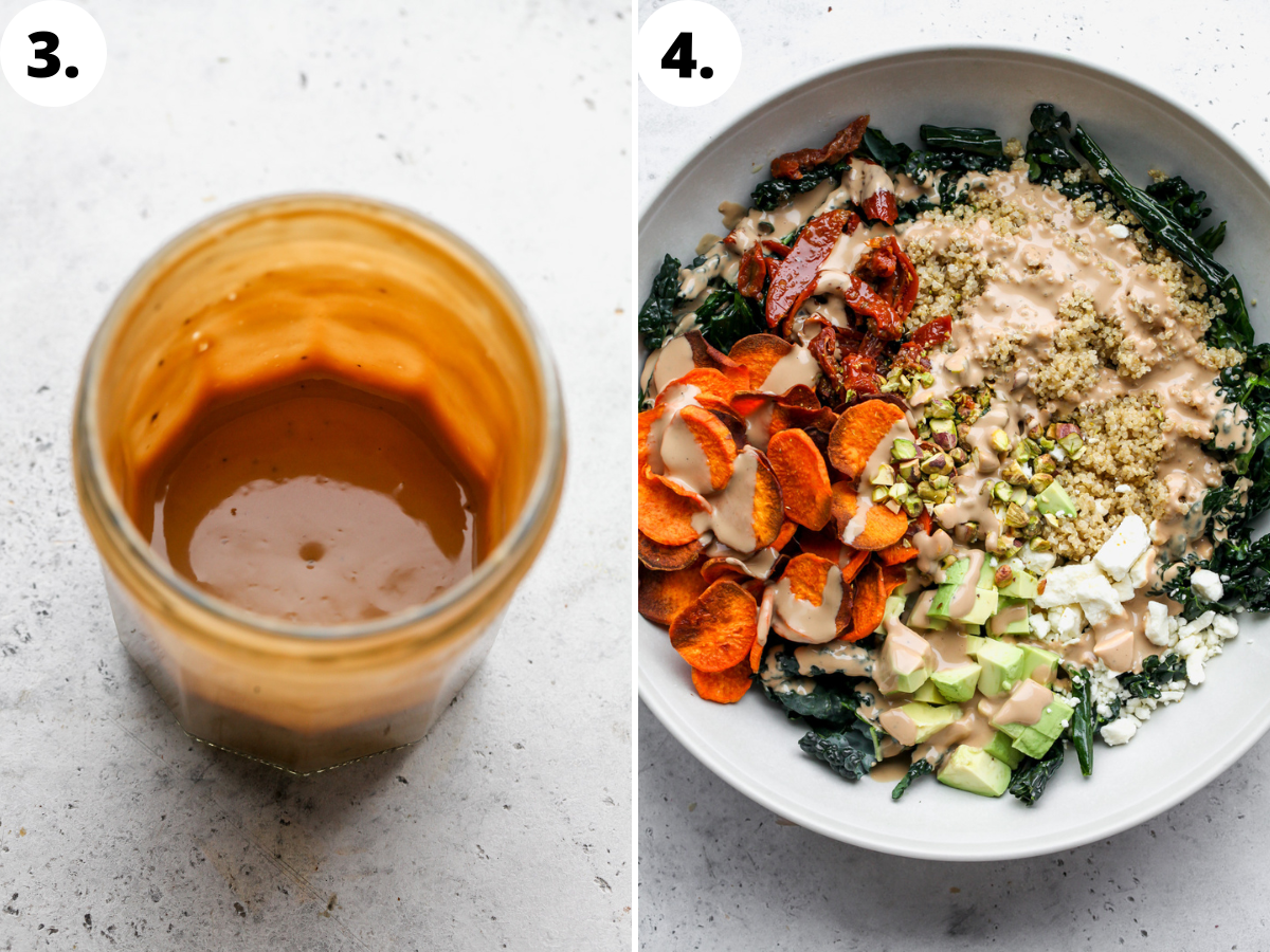 Balsamic-tahini dressing being whisked in a jar and drizzled over contents of salad in a large white mixing bowl.